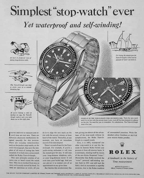 Un anuncio de Rolex para el Turn-O-Graph, su primer reloj de buceo de producción con un bisel giratorio (alrededor de 1950) (Imagen: phillips.com)