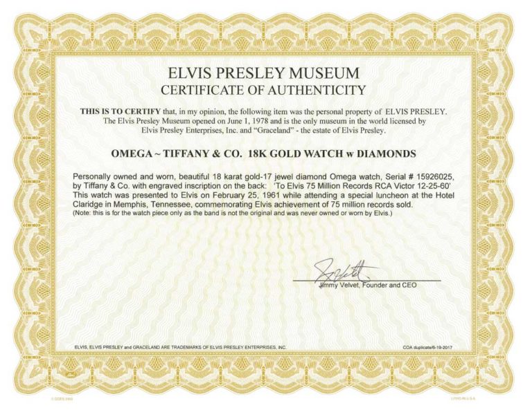 Declaración escrita del Museo Elvis Presley (Imagen: phillipswatches.com=