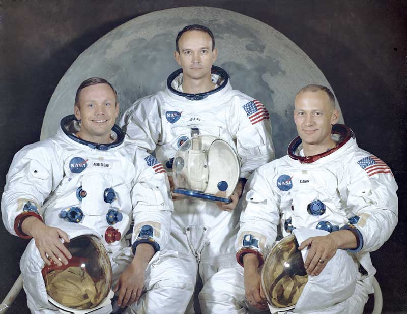 foto oficial de la tripulación del Apollo 11 – Neil A. Armstrong, Michael Collins y Edwin E. Aldrin Jr