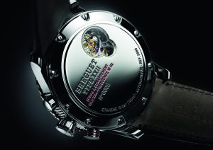 The Type XXII's fast beat escapement can be observed from the exposed caseback