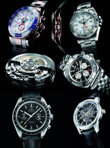 TOP ROW, FROM LEFT The Rolex Yacht-Master II; the Rolex Cosmograph Daytona; the Rolex Explorer II MIDDLE ROW, FROM LEFT The Breitling calibre B04, based on the manufacture calibre B01; the Breitling Chronomat GMT BOTTOM ROW, FROM LEFT The Omega Speedmaster, famed for being the moon mission watch, demands high levels of accuracy, as shown by its COSC certification; the Omega DeVille Hour Vision Co-Axial Skeleton limited edition in platinum 