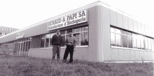 Dominique Renaud and Giulio Papi standing outside the movement company they co-founded in 1986